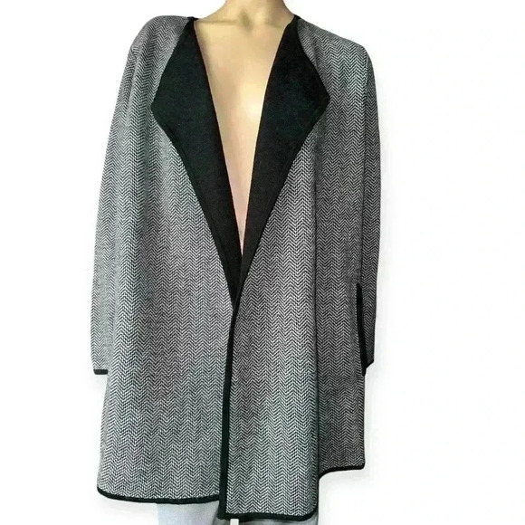 Talbots NWT Long Cardigan Merino Wool Black & White Chevron black trim Size 2Xp - Picture 2 of 12